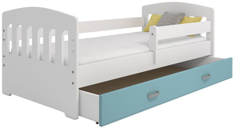 eoshop Detská posteľ Miki 80x160 B6, biela / modrá + rošt, matracu, úložný priestor